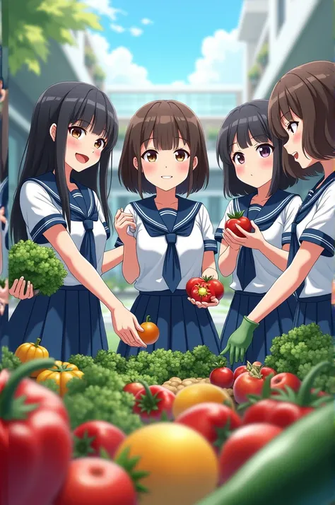 Female students in blue and lead uniforms holding vegetables and fruits