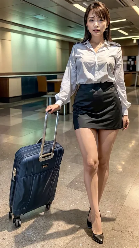 A beautiful, 24-year-old Japanese woman with perfect anatomy, healthy thighs, beautiful legs, beautiful skin, random hair color and style, large breasts, (wearing a flight attendant uniform with a mini-skirt:1.3), full body shot, pumps, carrying a suitcase...