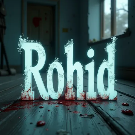 "Rohid" name in 3d, ghost house in background, blood on the ground, crack the text