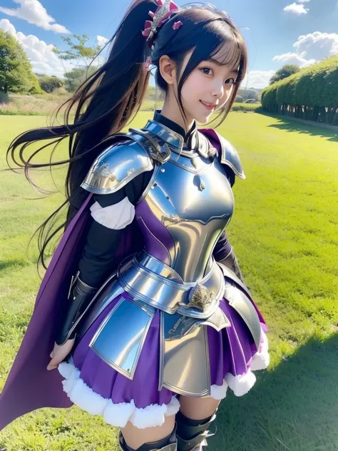 one Japanese girl, female knight, cute face, thin and tall, smile, black long hair, ponytail with ribbon bow, princess crown, earrings, purple shoulder armor, purple breast armor, purple chest plate, purple arm and wrist armor, hand gloves, short skirt arm...