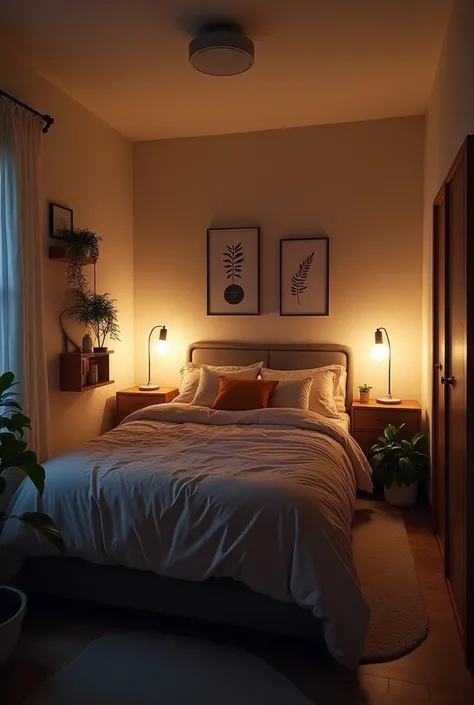 A room which is 20 feet long from east to west and 12 feet wide from north to south, in the room there are two table lamps on either side of the bed, two table lamps on either side of the bed, and a computer on the south side of the bed.And also decorating...