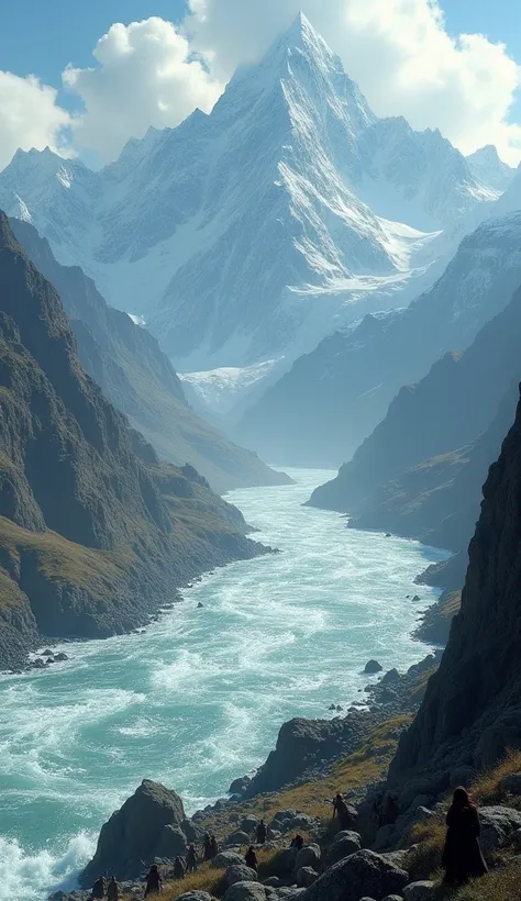 A wide, rushing Indus River with steep, snowy Himalayan mountains towering in the background, creating an impassable barrier that stops Mongol warriors in their tracks..