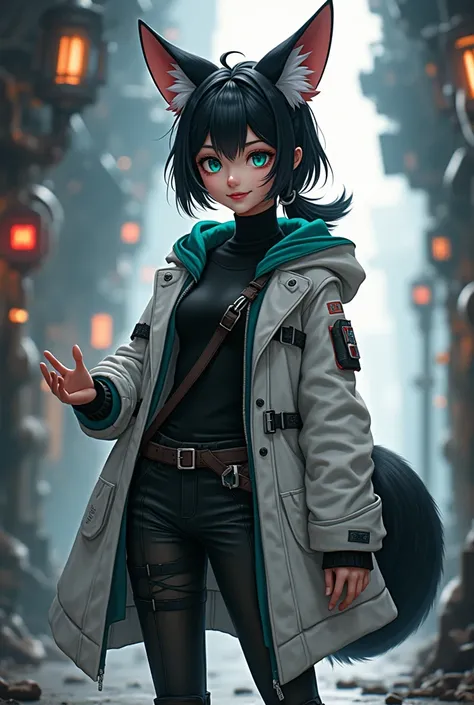 Fox ears, Mecha, machine, Bushy tail,, ultra detailed, masterpiece, best quality, aesthetic, detailed,, solo, smile, 1girl, aqua eyes, black hair, low ponytail, ahoge, absurdly long hair, very long hair, hair flaps, hair between eyes, bangs, messy hair, sm...