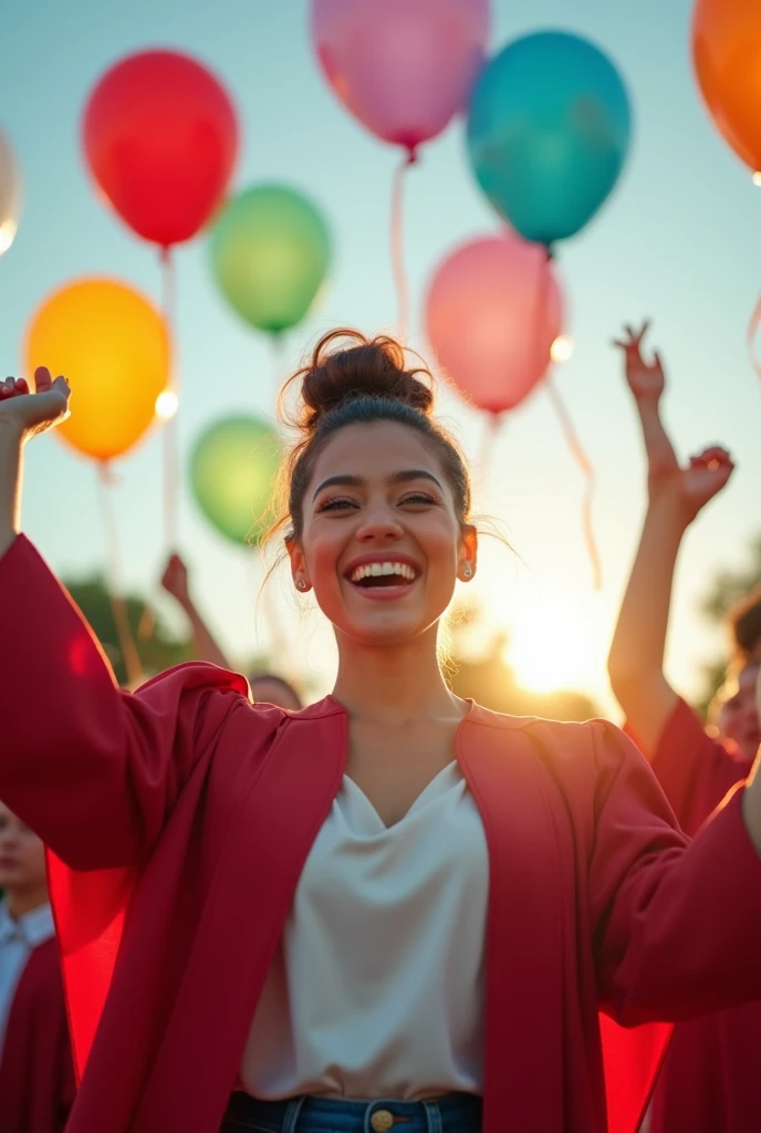 Young girl of Hispanic descent with brown hair secured in a bun, dressed in a graduation robe, smiling against a backdrop of colorful balloons at an outdoor graduation ceremony.