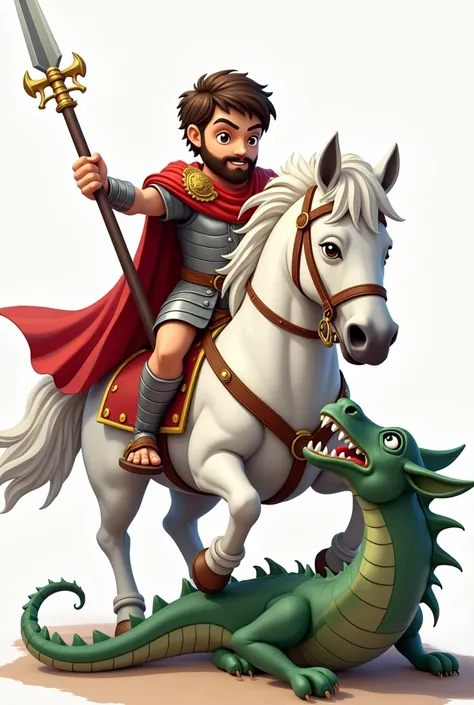 image of Saint George riding on a white horse on a chibi style, 30 years old, beardless, with Roman armor and a red cape, in his right hand he thrusts a spear into a dragon that is on the ground beneath the horse, a dragon is on the ground being trampled b...