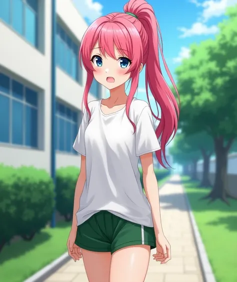  A 17-year-old anime lady , anime To love ru,  soft lighting ,  Standing slightly sloped on a path near a basketball court outside a white school with blue tinted windows with trees and shrubs and green grass in the city of Tokyo, During the afternoon, she...