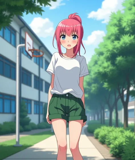  A 17-year-old anime lady , anime To love ru,  soft lighting ,  Standing slightly sloped on a path near a basketball court outside a white school with blue tinted windows with trees and shrubs and green grass in the city of Tokyo, During the afternoon, she...