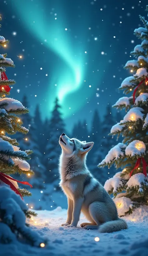 A baby wolf with bright blue eyes howls at the starry sky, where a giant northern light dances, forming Christmas constellations. The wolf is surrounded by a forest of Christmas trees, their branches shining with golden lights and red ribbons. Snow fairies...