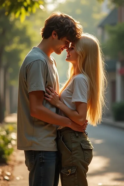 Une jeune ado avec de longs cheveux blonds, vêtus dun pantalon cargo et un vieux t-shirt, embrasse un garçon qui sappuie sur elle pour lui sourire