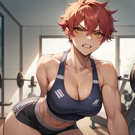 a mature tomboy with red hair and golden eyes looks angry at you while at a gym. she is wearing workout gear.