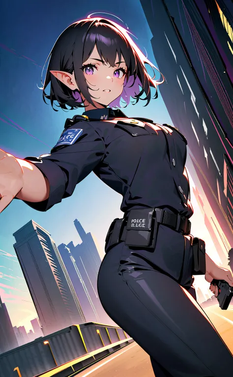 (high quality, 8k, 4k, high contrast, masterpiece:1.2, best quality, best aesthetics), (dynamic angle), Sexy female police officer, Detailed face and body, Beautiful breasts, confident look, (black hair, short hair), (elfin ears), purple eyes, Shiny black ...