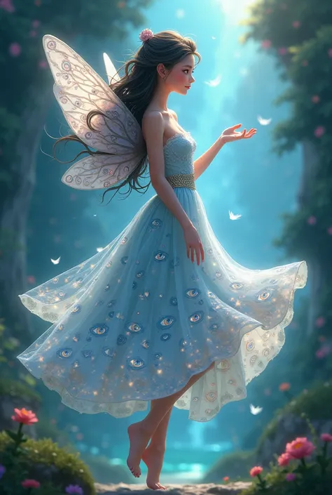 Make a fairy godmother who dresses very well in an animated sky eyes dress that is flying that is small but bottomless 