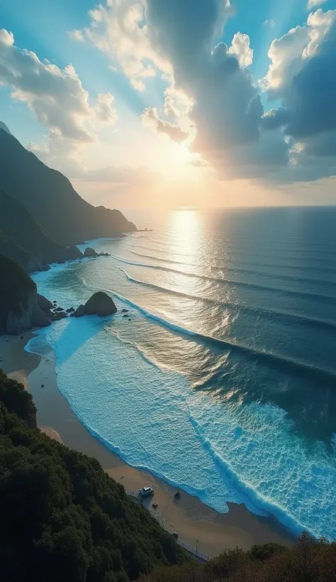  When you look at the sea in the evening from an observatory, it comes after the rain 、Waves are rough waves 。 The seaside has fine, sparkling sandy beaches spread out in front、The contrast between the mountains and the sea where the rainbow creates an arc...