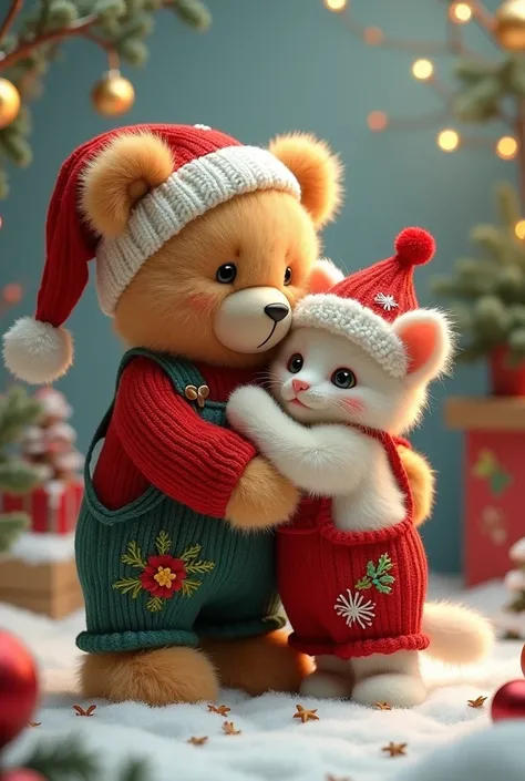 fluffy bear wears a knitted Christmas sweater, hat and floral overalls and hugging a fuffy kitten in christmas clotches and cap.Christmas background