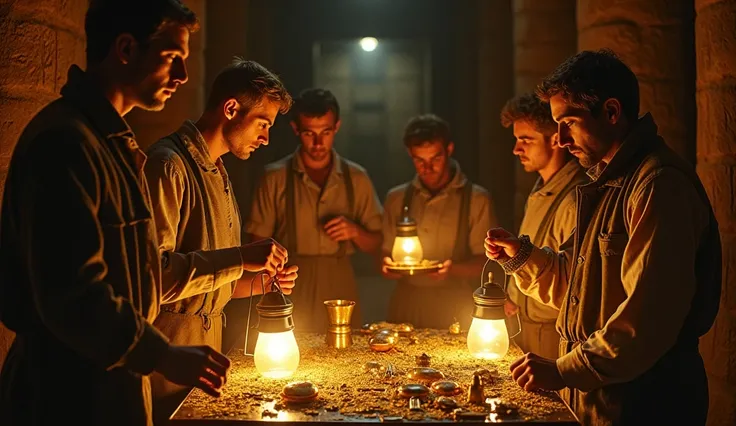 A dramatic scene set in 1922, showing the tomb of Tutankhamun as the archeologists are exploring it. The tomb is rich in gold and priceless artifacts, but an ominous feeling hangs in the air as the first mysterious death occurs. The light from their lanter...