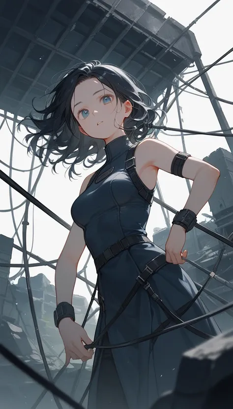 close up, score_9, score_8_up, score_7_up, (solo), 1girl, blue eyes, wavy hair, forehead, bob hair, black hair, (((hands))), high neck sleeveless top, fingers, medium breast, ((pose)),  ((straps)), ((white backgrounds)), rust, ruins, rocks, sky, wires, boa...