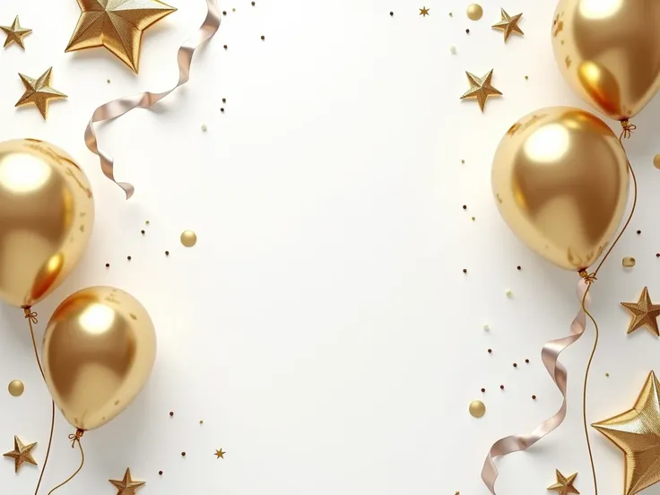 Create a white luxure birthday background to a card, with only objects, for example, golden ballons, stars, etc. No person. 