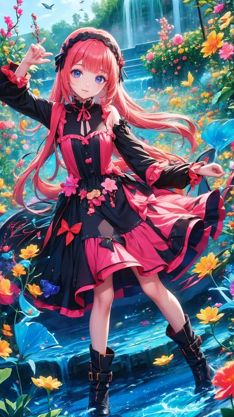    anime style、story、、   cute女の子 、とてもcute天使、   pink gothic dress   、cute、baby face、smile、   Long Skirt 、    black boots 、Very cute headband
