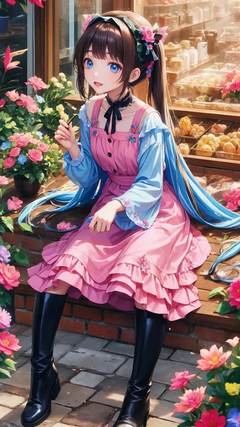    anime style、story、、   cute女の子 、とてもcute天使、   pink gothic dress   、cute、baby face、smile、   Long Skirt 、    black boots 、Very cute headband
