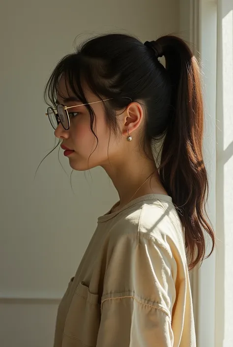  A   ,  dark brown ponytail, simple clothes,  captured a lot of beauty  , glasses , Skin salmon without passage 