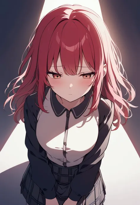 A  girl with red hair, a cold expression, a calm face, and wearing a skirt.