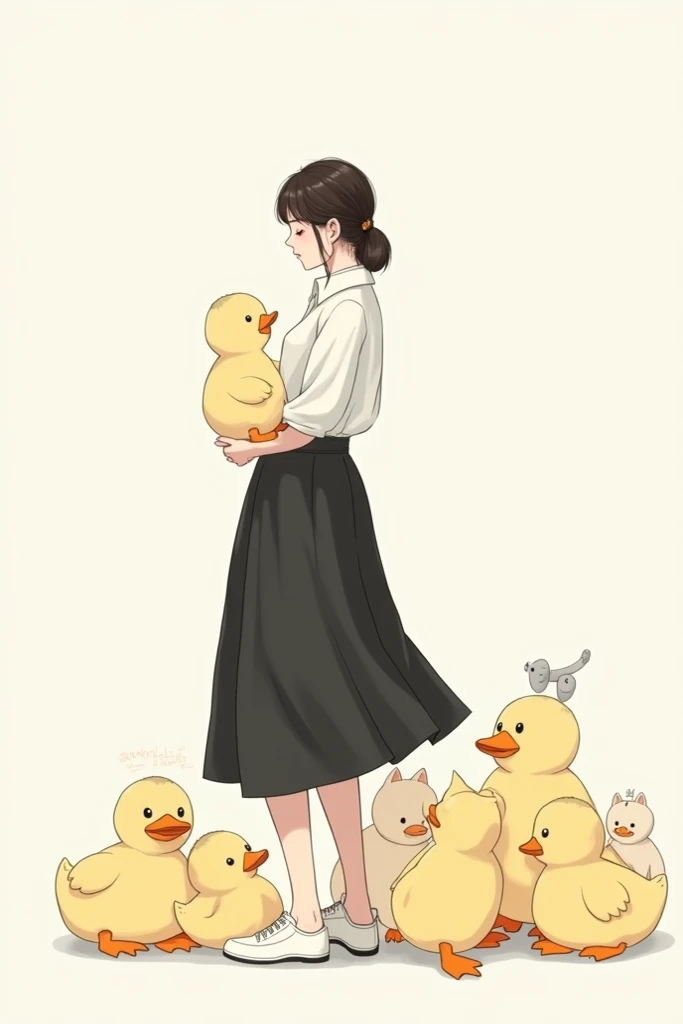 I want to make a clothing design, in the design there is a girl standing wearing a white shirt (not a t-shirt) and a black skirt with white shoes, the position of the girl is standing while holding a duck doll, around her there are also other duck dolls wi...