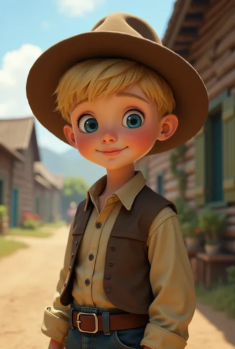 Eleven Years old boy with blue eyes and blonde short hair in clothes like then with Brown hat