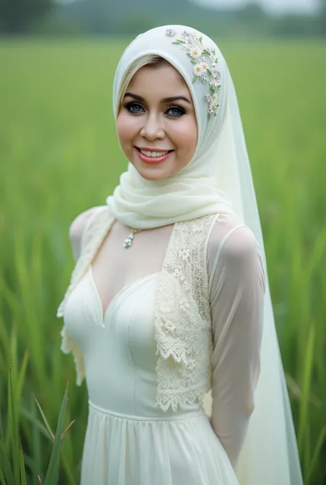 wearing Fully Transparent fluorescence White tight dress, ((INDONESIAN AUNTY HIJAB)), Spread Your Arms, ((belly:2.4)), (Spread Your Arms), Shiny Breasts, ((hijab:1.19)), background rice paddy daytime atmosphere, "Plumpers", ("White hijab Floral pattern Nak...