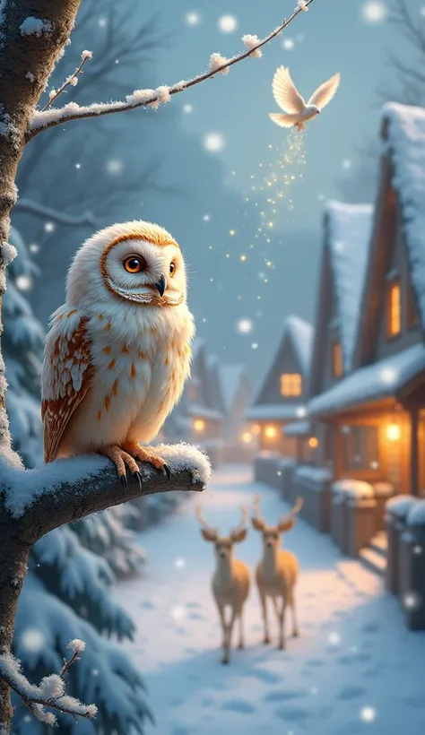 A baby owl with radiant, pearl-like feathers perched on a frosted branch watches over a snow-covered village. The village is alive with Christmas magic, with houses glowing with golden lights, and snowflakes falling like soft whispers from the sky. In the ...