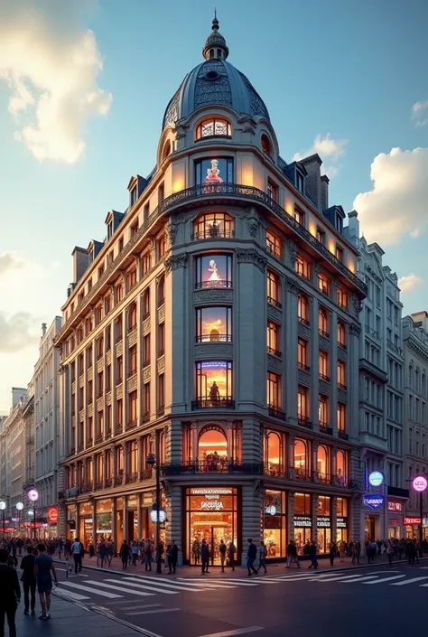   The hyperrealistic image of a large 19th century building on the corner of two avenues of a large European city  ,   its façade is full of neons of different brands  ,   the building is a department store  , It is a bustling avenue  ,   there are a lot o...