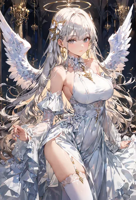 1 girl, solo, angel,
sexy, glossy skin, shiny skin, big breasts, thick thigh, ((White hair)) long hair, very long hair, bangs, grey eyes, perfect eyes,
dress, frills, detached sleeves, wide sleeves, white dress, bare shoulders, bow, white bow, gem, jewelry...