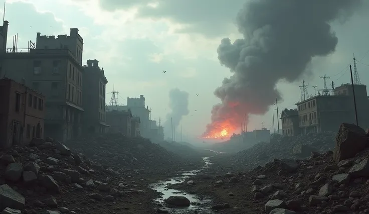 A war-torn village with shattered buildings, debris scattered everywhere, and craters from explosions. The sky is overcast, with thick smoke rising from the ruins. In the distance, the faint sounds of gunfire and explosions echo. The landscape is silent, s...