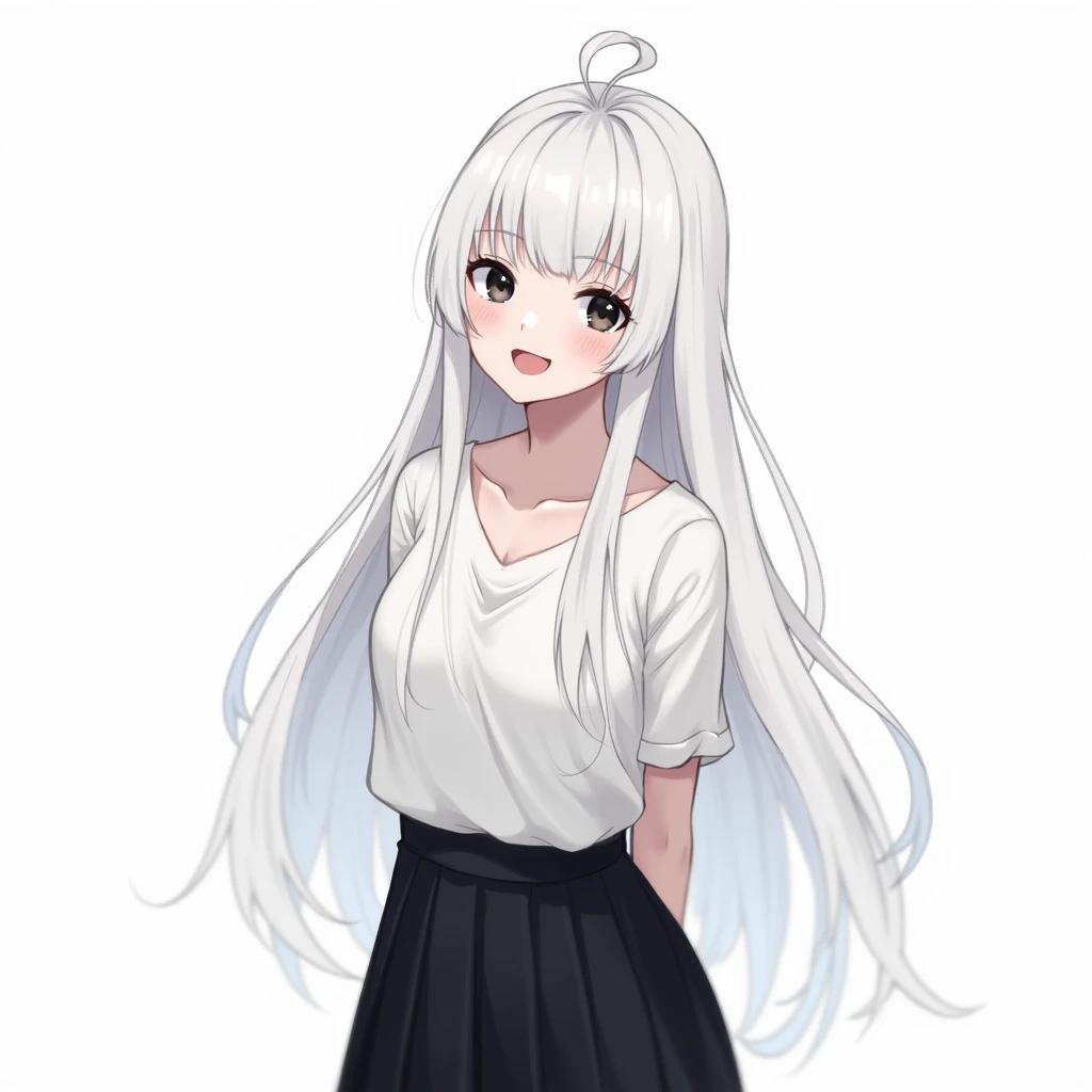 ((masterpiece, best quality)), (1girl), (solo), (female focus), (ahoge, white hair, very long hair), Black eyes, light smile, open mouth, ((white shirt), (kurta)), ((black skirt), (), standing, white background, arms behind back, dynamic angle,