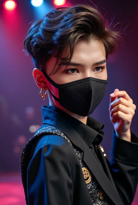 A 17-year-old Chinese man with brown hair, dark brown eyes, a fair complexion, a sharp jawline, and high cheekbones. His skin is very white, emphasizing his features. He is wearing two masks: the lower half of his face is covered with a stylish but normal ...