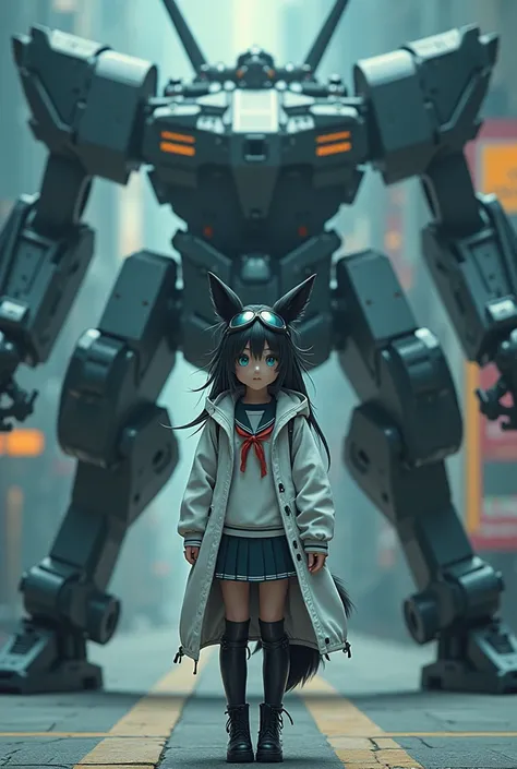  movie scene、 Imprint Image、8k、 in sailor suits、Fox ears, Mecha, machine, Bushy tail,, ultra detailed, masterpiece, best quality, aesthetic, detailed,, Alone, smile, 1girl, aqua eyes, black hair, low ponytail, ahoge, absurdly long hair, very long hair, hai...