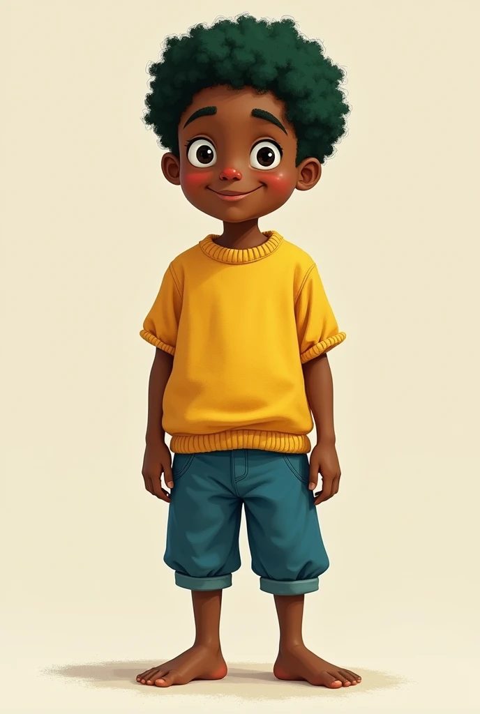 A SIX-YEAR-OLD BOY . negro,smiling, RED NOSE IN THE SHAPE OF A CHERRY,  black eyes ,  FLAT GREEN HAIR ,  SHORT SLEEVED YELLOW SWEATER , blue pants, barefoot,  JUST ONE FINGER ON EACH FOOT ,  JUST ONE FINGER ON EACH HAND ,