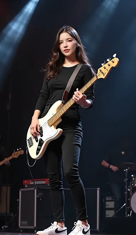  Thai Women,Age 27 years,Good figure,Long hair, Wear a black long-sleeved T-shirt, Black Jeans , Converse Shoes ,She plays a white Fender bass.,On stage