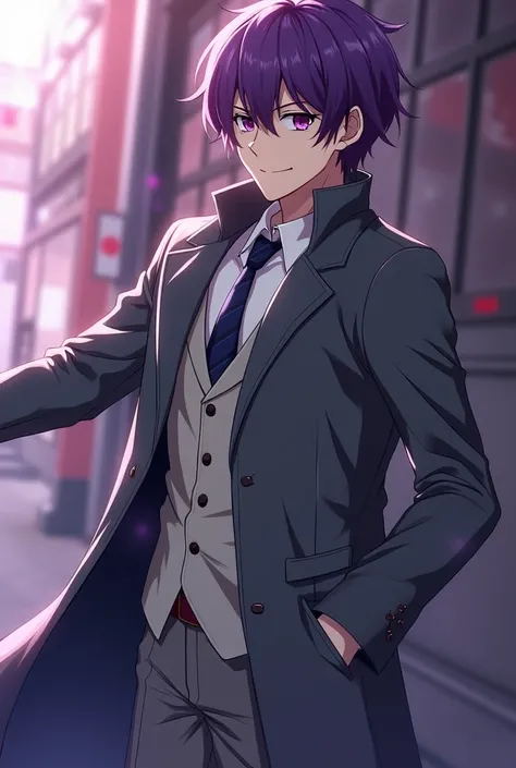 in anime,  a man with purple hair , purple eyes,  he wore a gray overcoat identified with the one from the Tokyo Ghoul CCG,  he also wore gray pants , His eyes were Isano ,  along with a smile from end to end .