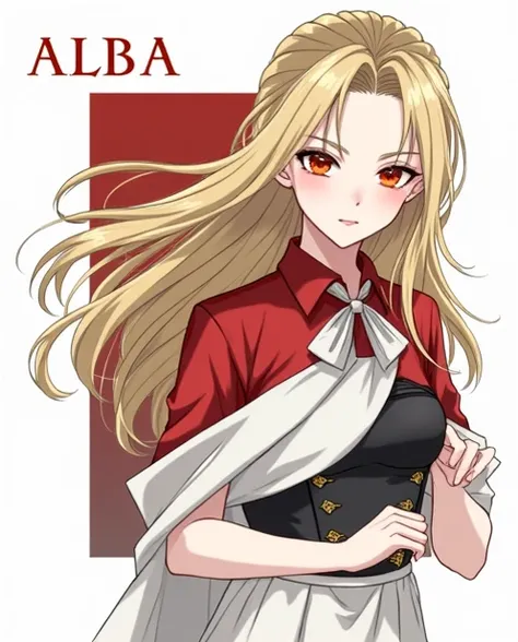 alba,  the vampire servant of her castle ,  is a fascinating figure that arouses both curiosity and admiration .  Her golden hair shines under the ambient light ,  as if each thread were made of rays of the sun ,  contrasting with the dark aura that surrou...