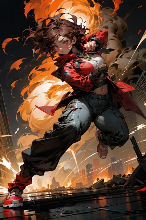 woman、 anatomically correct、 detailed eyes 、 short hair、 brown hair、 red mod coat 、 red shirt、Red cargo pants 、 red trekking shoes、 emits a large amount of fire from the body 、Brass knuckles、 street、Sprinting、Night city in the background、explosion、gigantic...