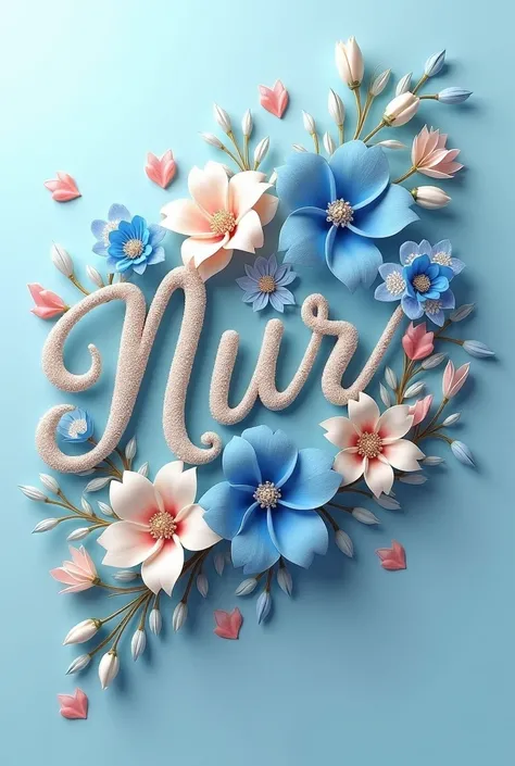 A 3D render of the name "Nur" written in on exquisite, ornate cursive script. The writing exhibits a mesmerizing gradient from soft blue to cream. Each letter is adorned with shimmering gemstones that catch the light. The name exudes on otherworldly aura, ...