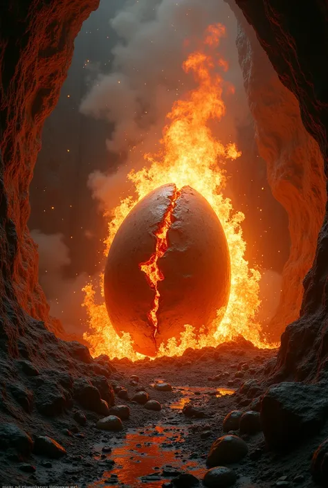 Fire, Aliens eggs destroyed by flames in a cave, style of H.R. Giger. Fire evrywhere