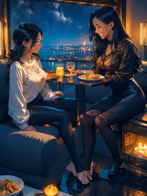 two women .(nightsky).window (8k)  inside home   room. autumn. while y-shirt. (lace). line-up  . sofa sit.smile.  leggings. tabl...