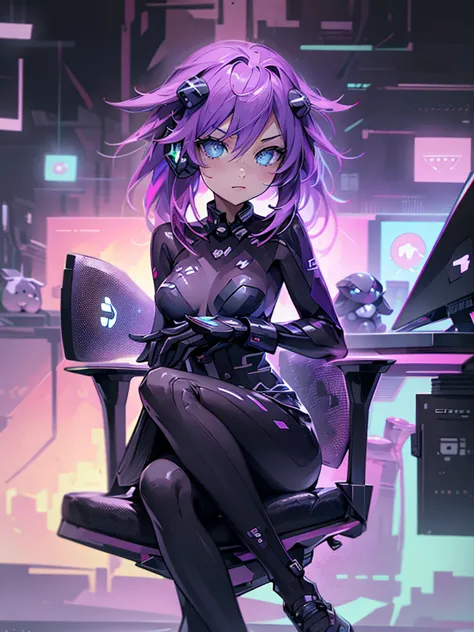 cartoon of a woman sitting in a gamer chair with headphones on, background illustrations, sitting in front of a computer, ig stu...