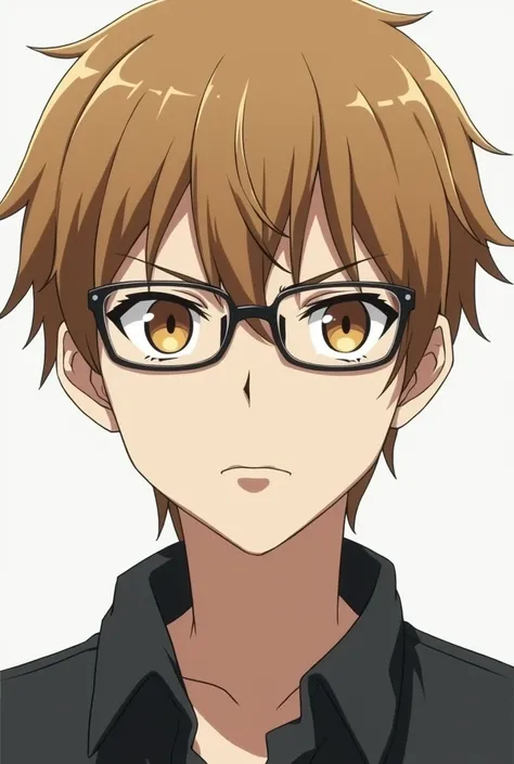 A guy with a serious face who wears glasses and has honey-colored eyes, light brown hair, white skin, who is tall in anime.