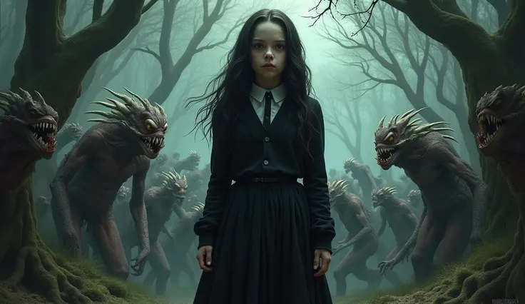 Jenna ortega as Wednesday ready for action against evil force many monster creatures are ready to attack in background. 