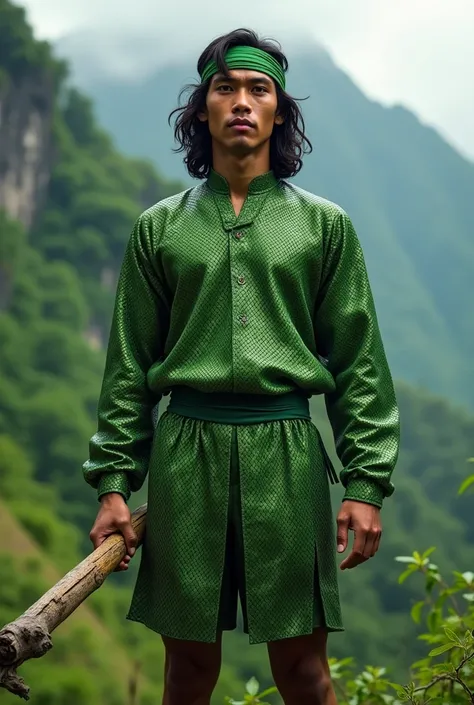 Indonesian man, 20 years old, has long, slightly curly hair that reaches his shoulders,Wearing a green warriors outfit made of snake scales,Carrying a stick made from a wooden branch,Typical Indonesian mountain background Very realistic, finest details, ve...