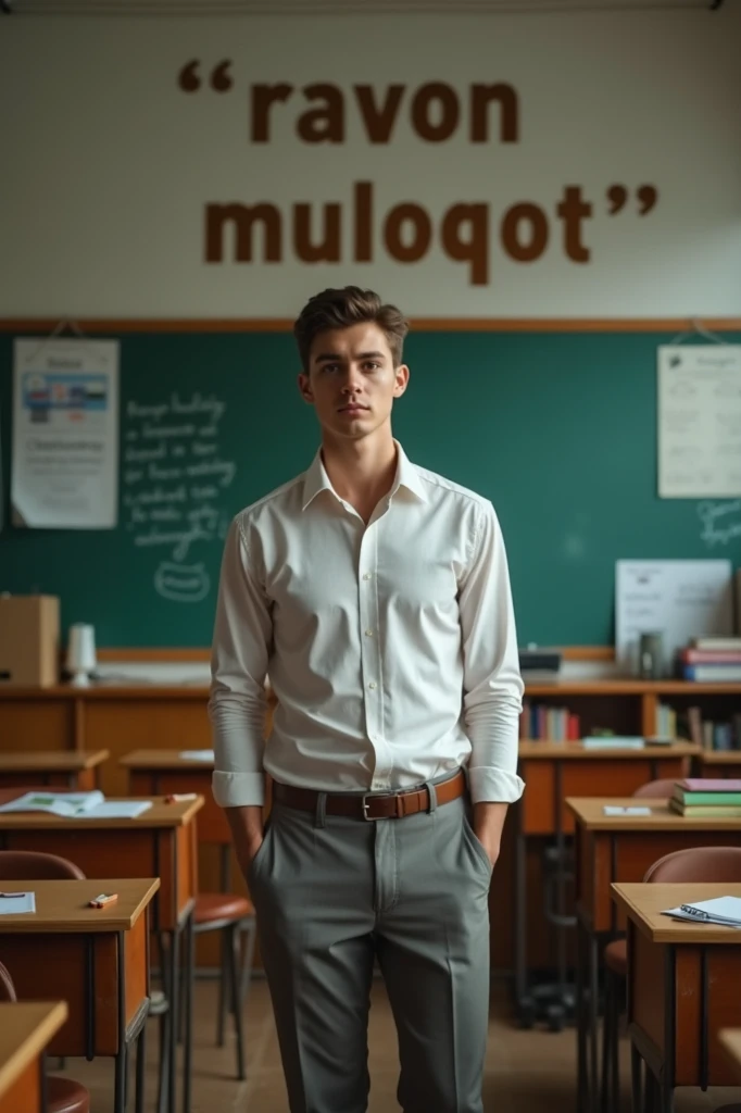 A 23 year old man English teacher in the classroom.On the wall there is a word "RAVON MULOQOT" behind the teacher.