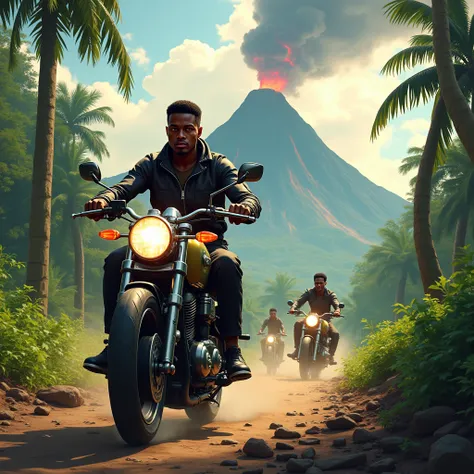 2 young black men on a motorcycle running from war, huge vocano in the background, Africa, forest