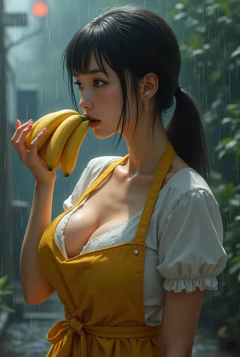 Apron showing cleavage、 Big Breasts 、 eating bananas、In the heavy rain、 Japanese woman with a viewing angle of、Realistic